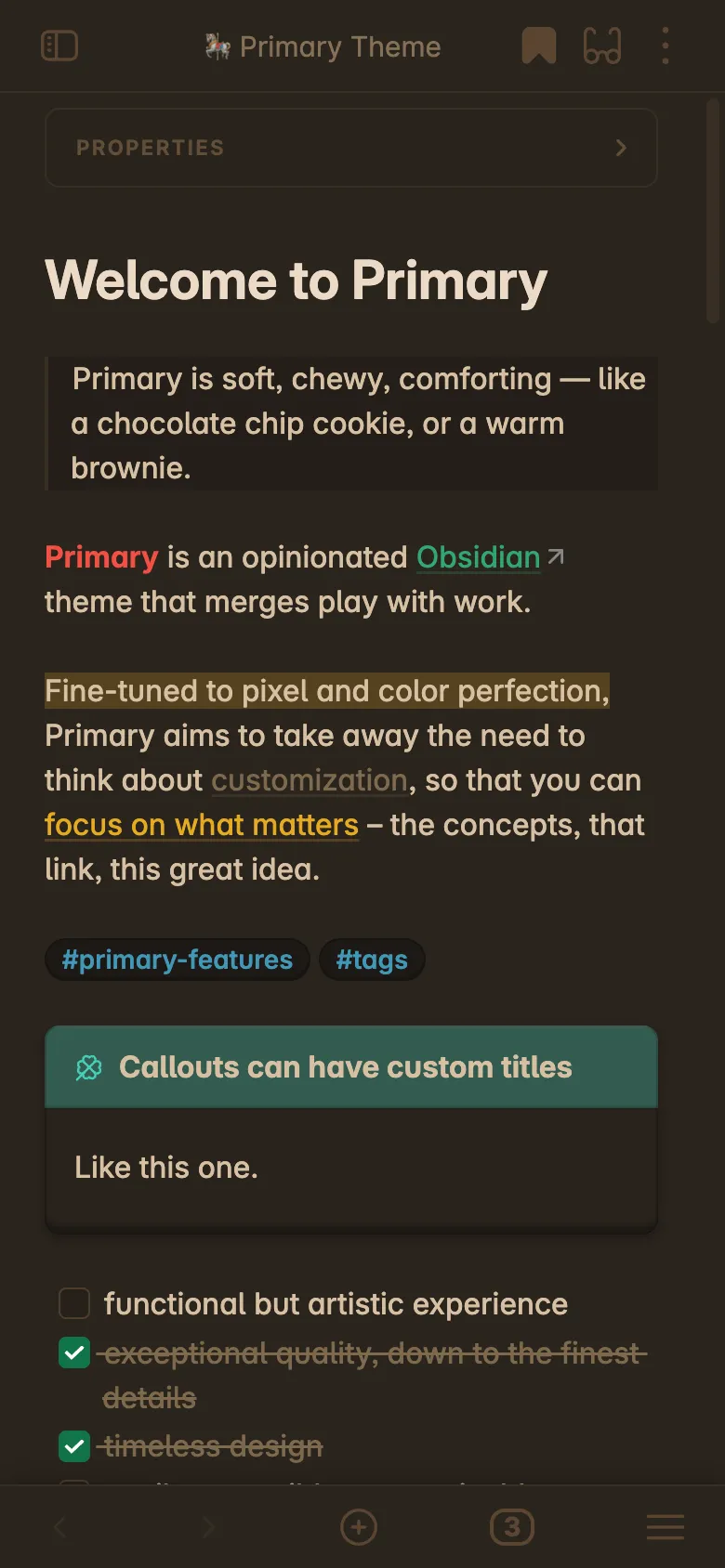 Primary for Obsidian on Mobile - Dark Mode