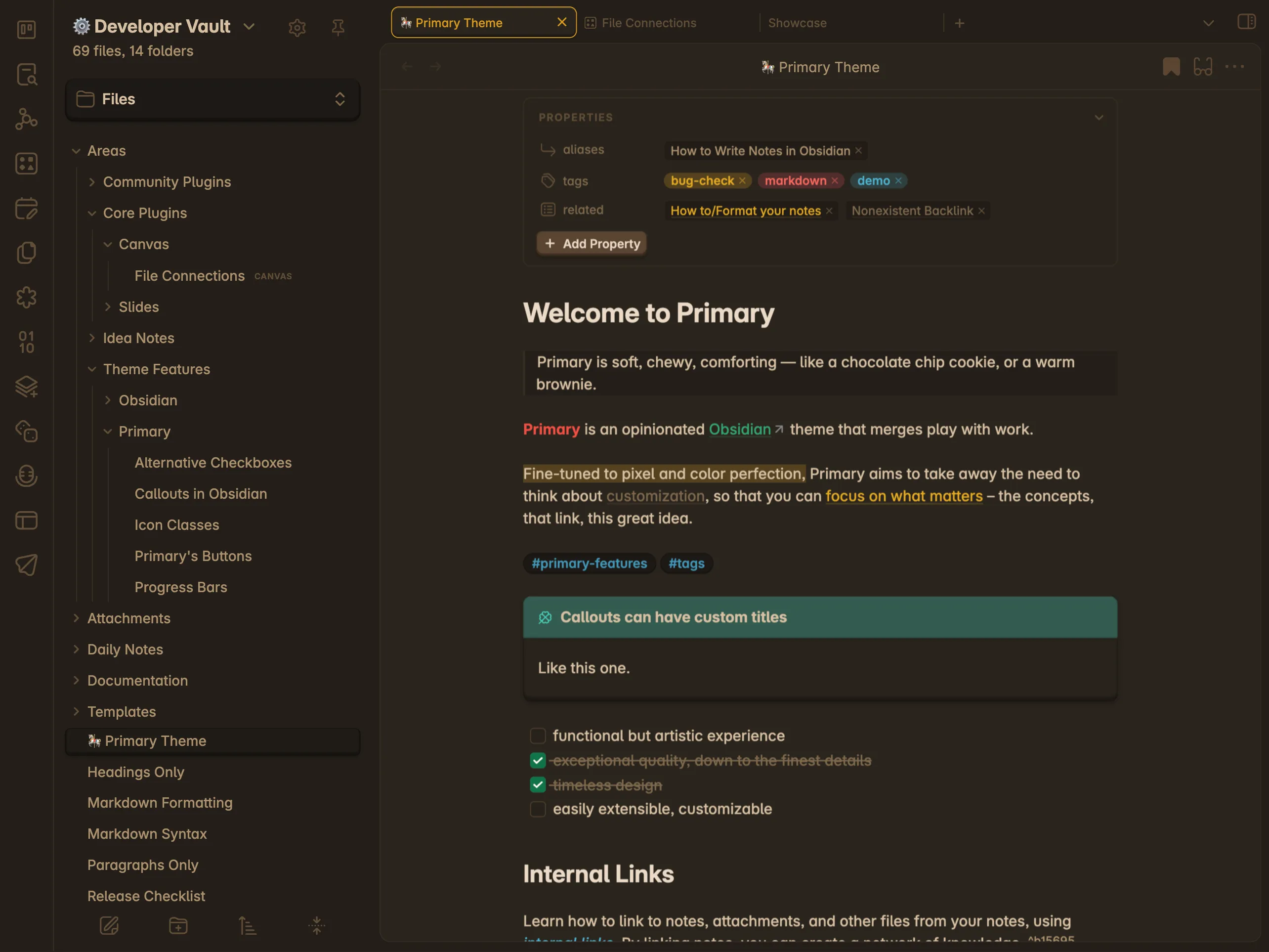 Primary for Obsidian on Tablet - Dark Mode